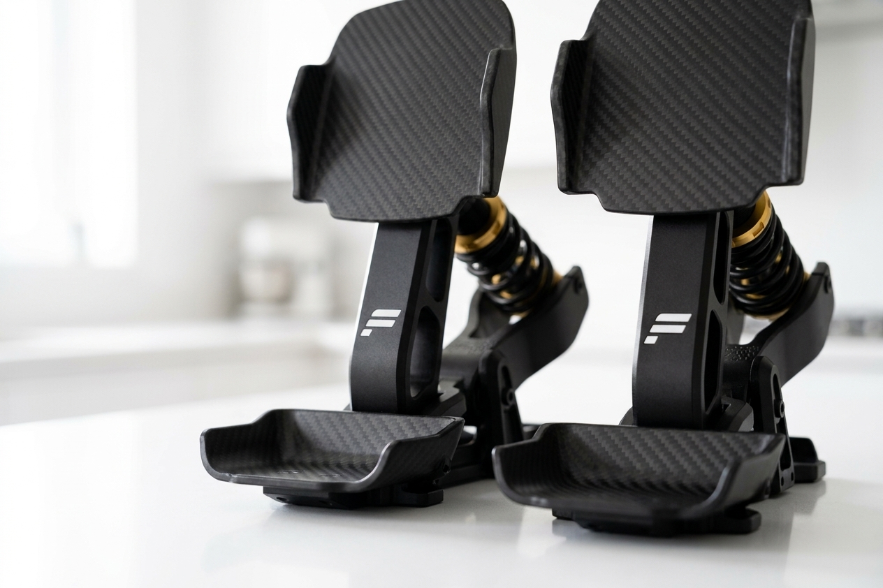 Front view of the Fanatec Podium Pedals Formula carbon-fibre pedal faces with the Fanatec F logo