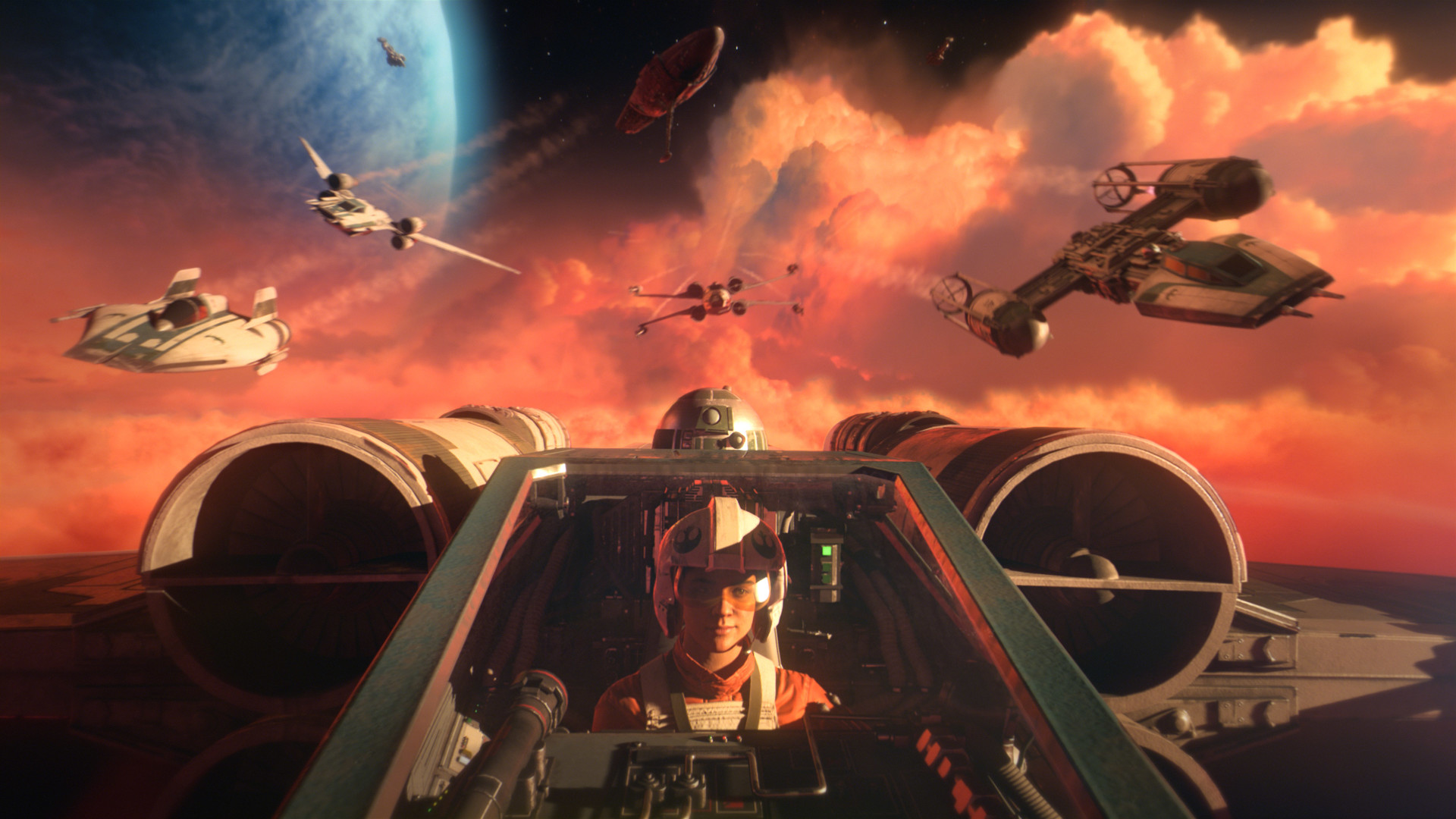 Star Wars Squadrons first-person X-wing cockpit dogfighting against orange clouds