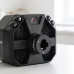 Thrustmaster T598 direct-drive wheelbase with its front Race Dash LCD screen, product shot on a white worktop