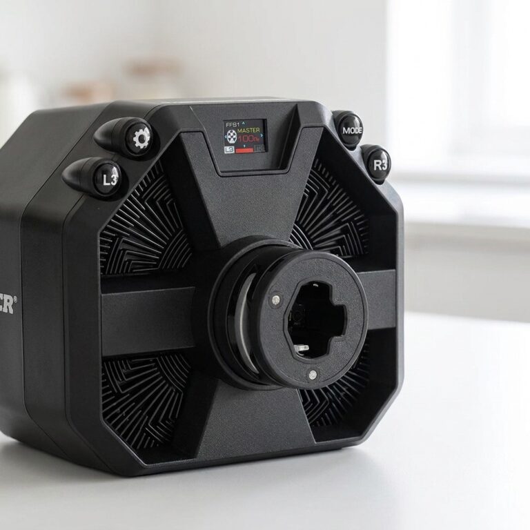 Thrustmaster T598 direct-drive wheelbase with its front Race Dash LCD screen, product shot on a white worktop