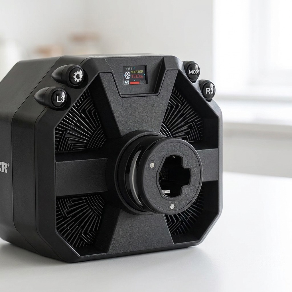 Thrustmaster T598 direct-drive wheelbase with its front Race Dash LCD screen, product shot on a white worktop