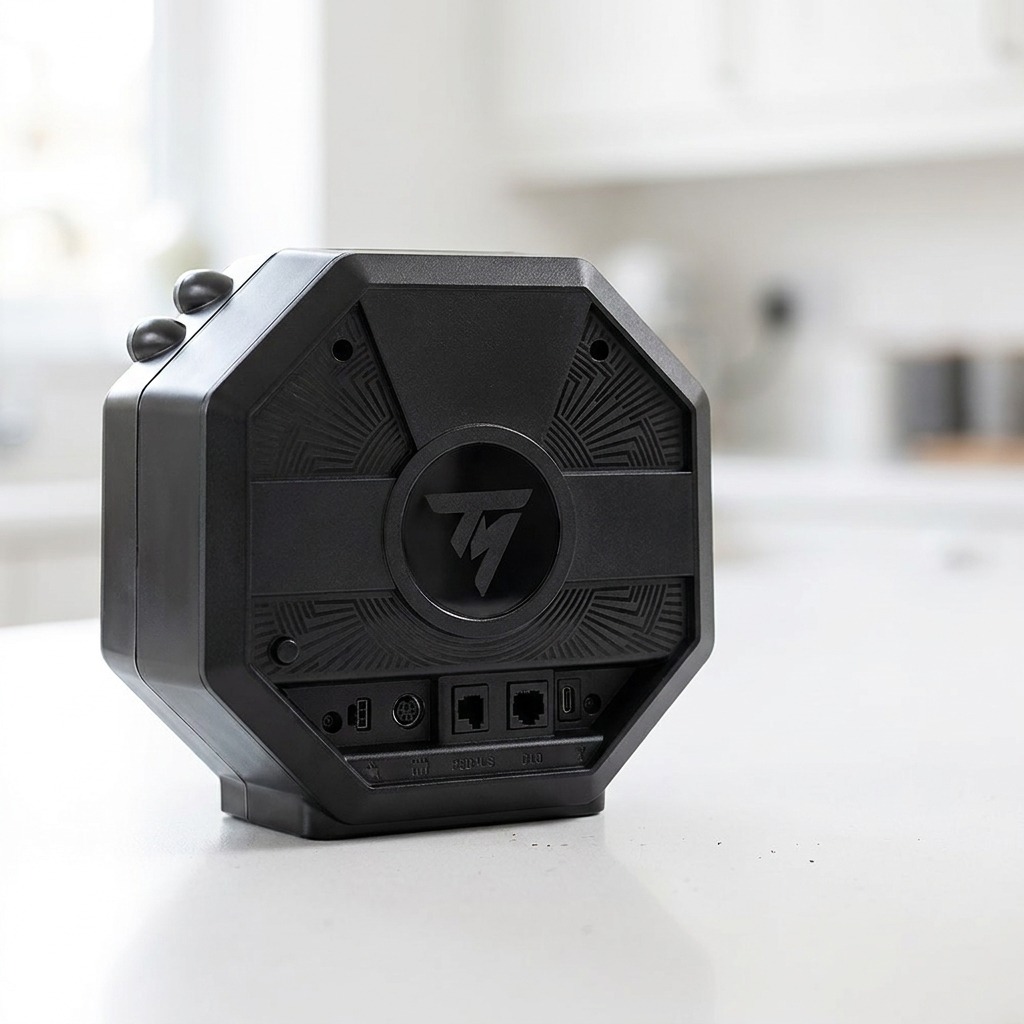 Rear of the Thrustmaster T598 direct-drive wheelbase showing its connection ports, product shot on a white worktop