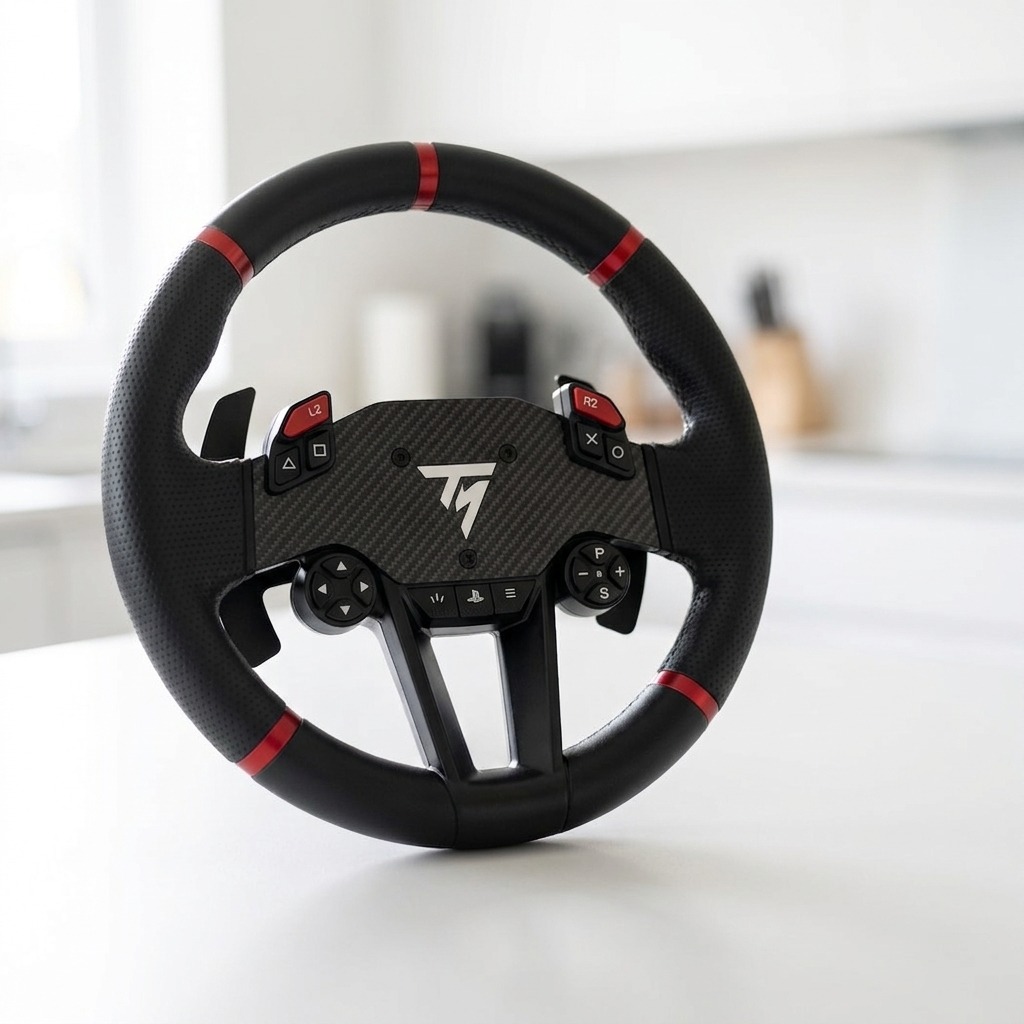 Thrustmaster T598 round Sportcar steering wheel rim with magnetic paddles, product shot on a white worktop