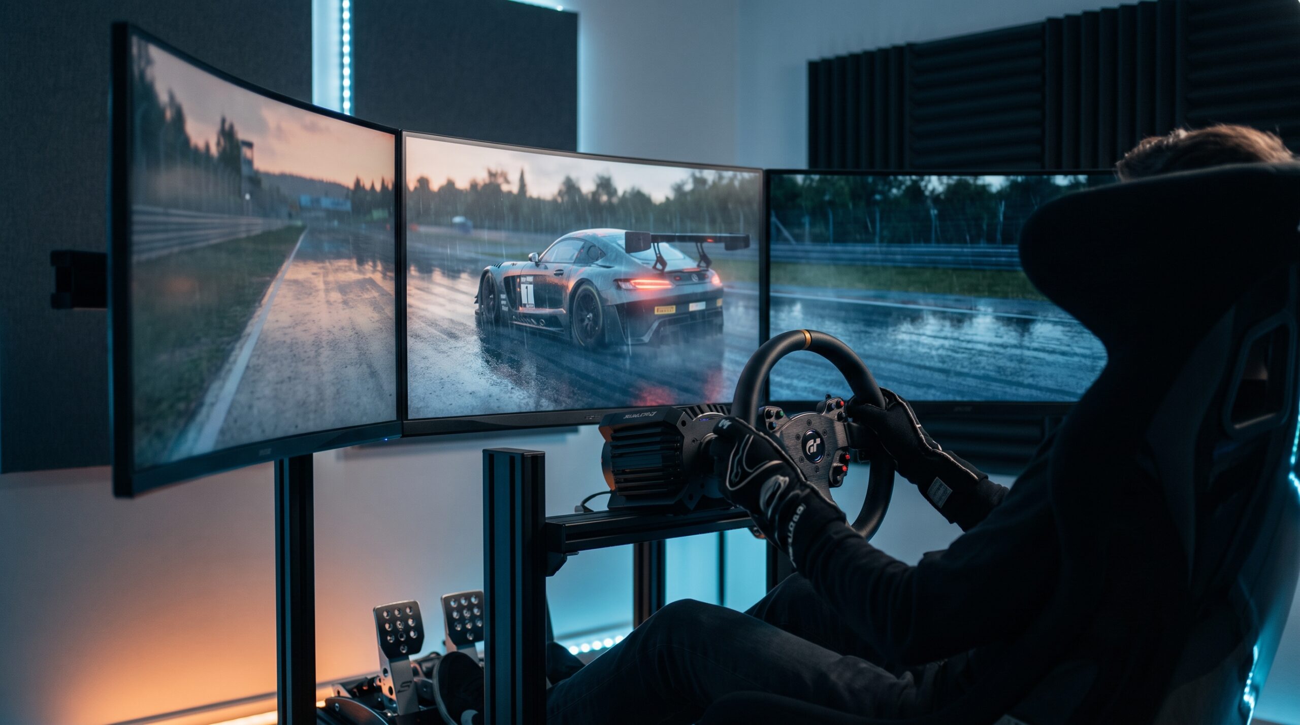 Triple-screen sim racing cockpit with three curved monitors wrapping around a direct-drive wheel and pedals
