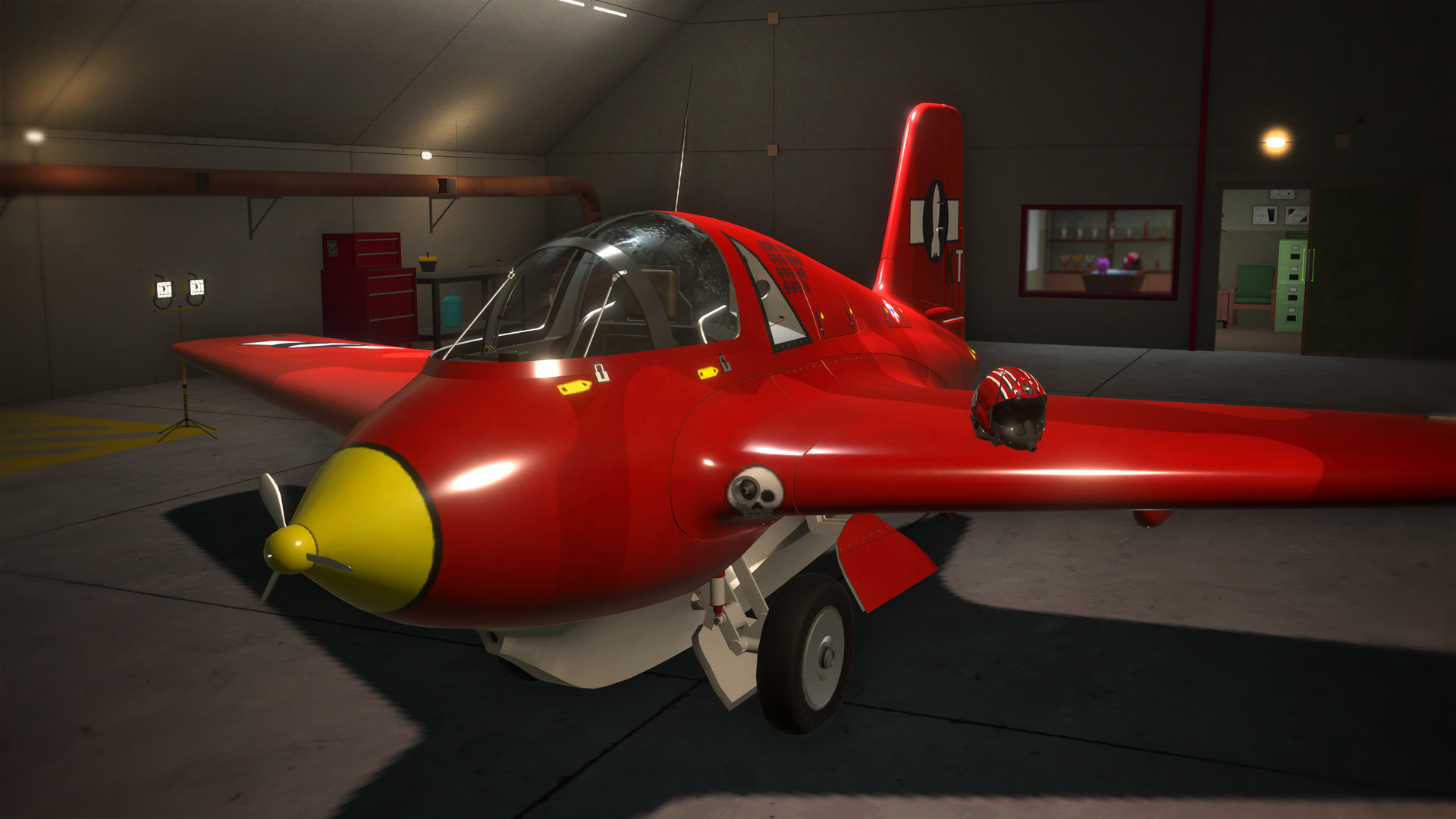 Ultrawings 2 stylised red aircraft parked in a hangar