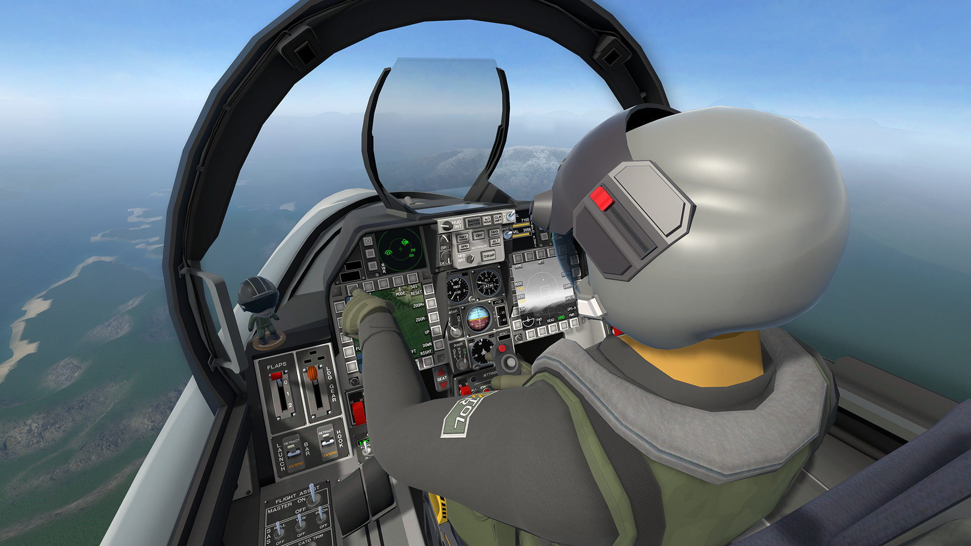 VTOL VR first-person jet cockpit with a helmeted pilot working touchscreen MFDs