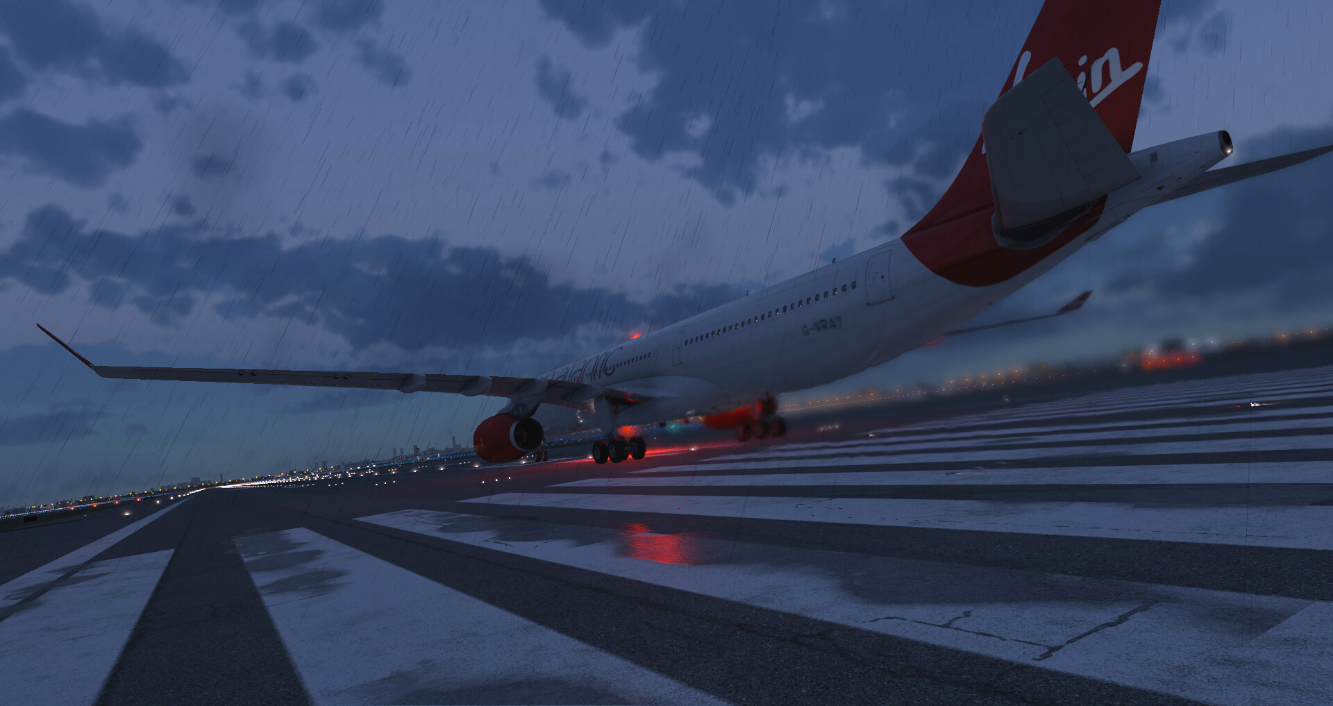X-Plane 12 widebody airliner landing on a wet runway at night in rain