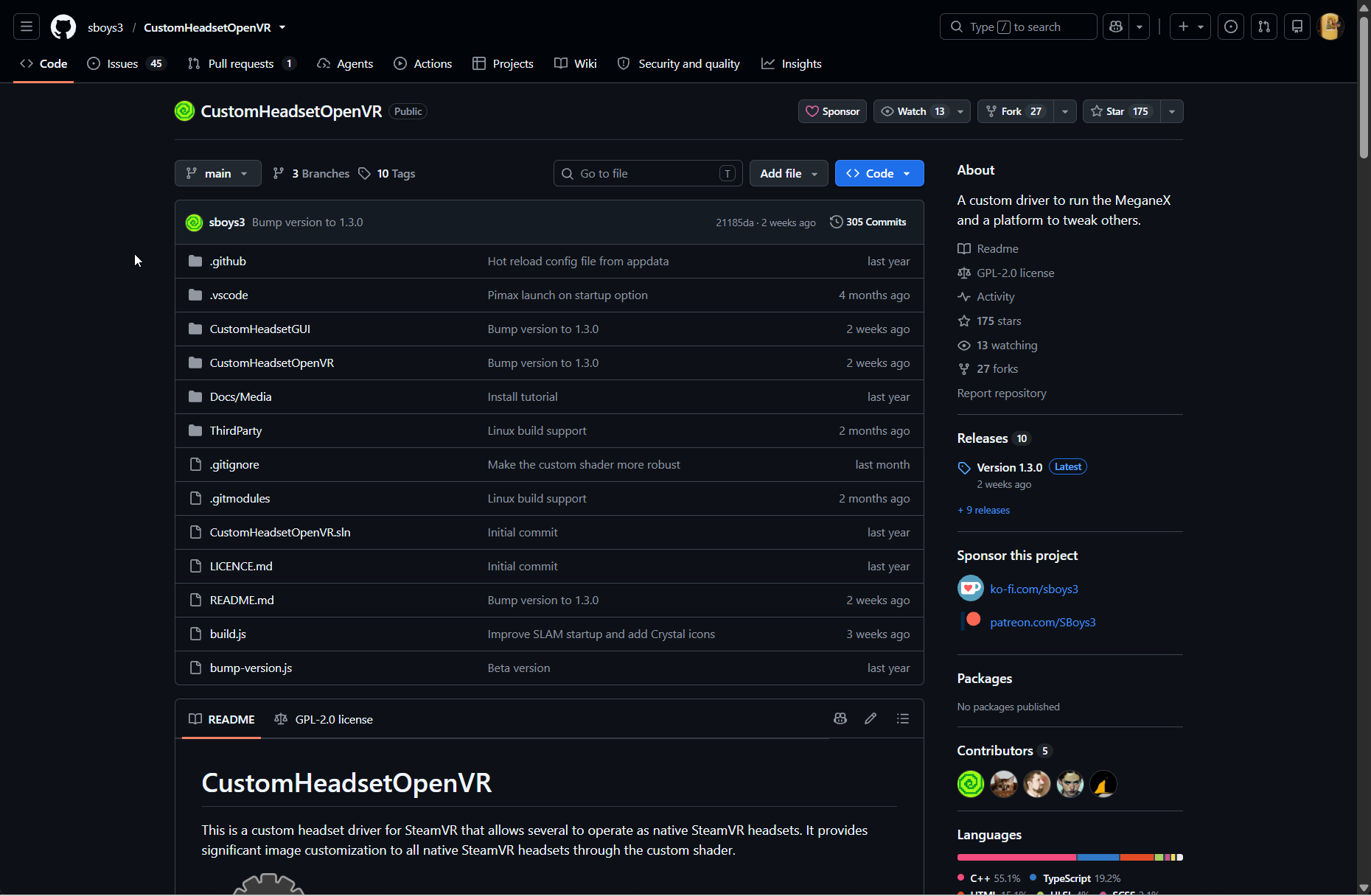 The CustomHeadsetOpenVR repository on GitHub, with Version 1.3.0 listed under Releases