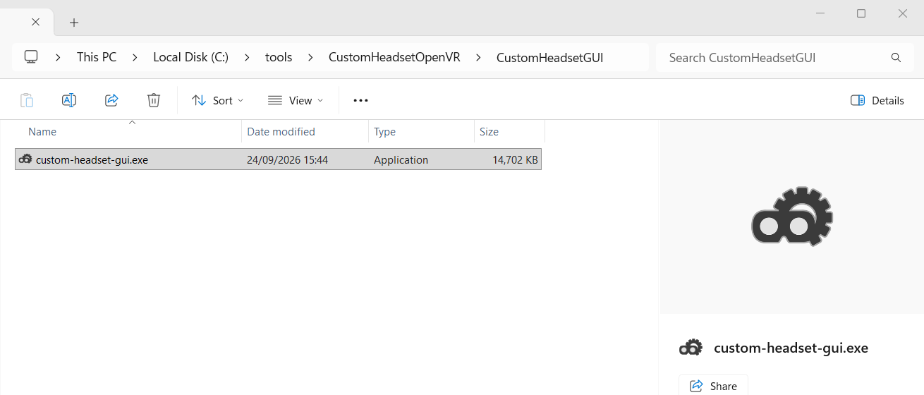 File Explorer showing custom-headset-gui.exe in C:\tools\CustomHeadsetOpenVR\CustomHeadsetGUI
