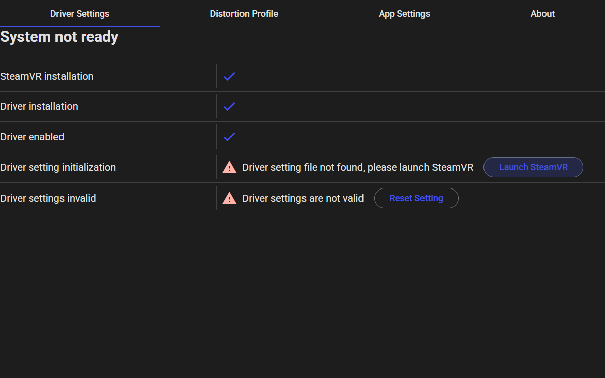 The SBoys3 settings app Driver Settings tab showing System not ready, with Launch SteamVR and Reset Setting buttons