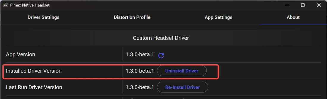 The About tab in the SBoys3 settings app showing the installed driver version with Uninstall and Re-Install Driver buttons