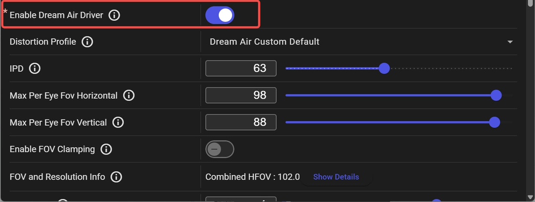The Dream Air tab in the SBoys3 settings app with Enable Dream Air Driver switched on, the distortion profile, IPD and FOV sliders