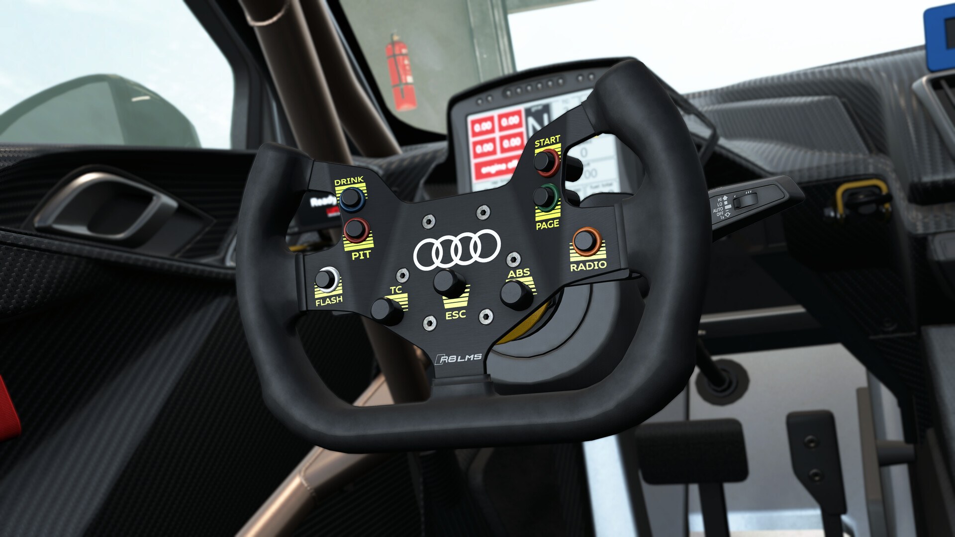 Audi R8 LMS steering wheel in the Assetto Corsa EVO cockpit