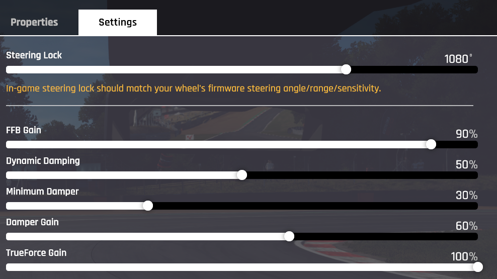 Assetto Corsa EVO in-game force feedback settings recommended by Logitech for the RS50