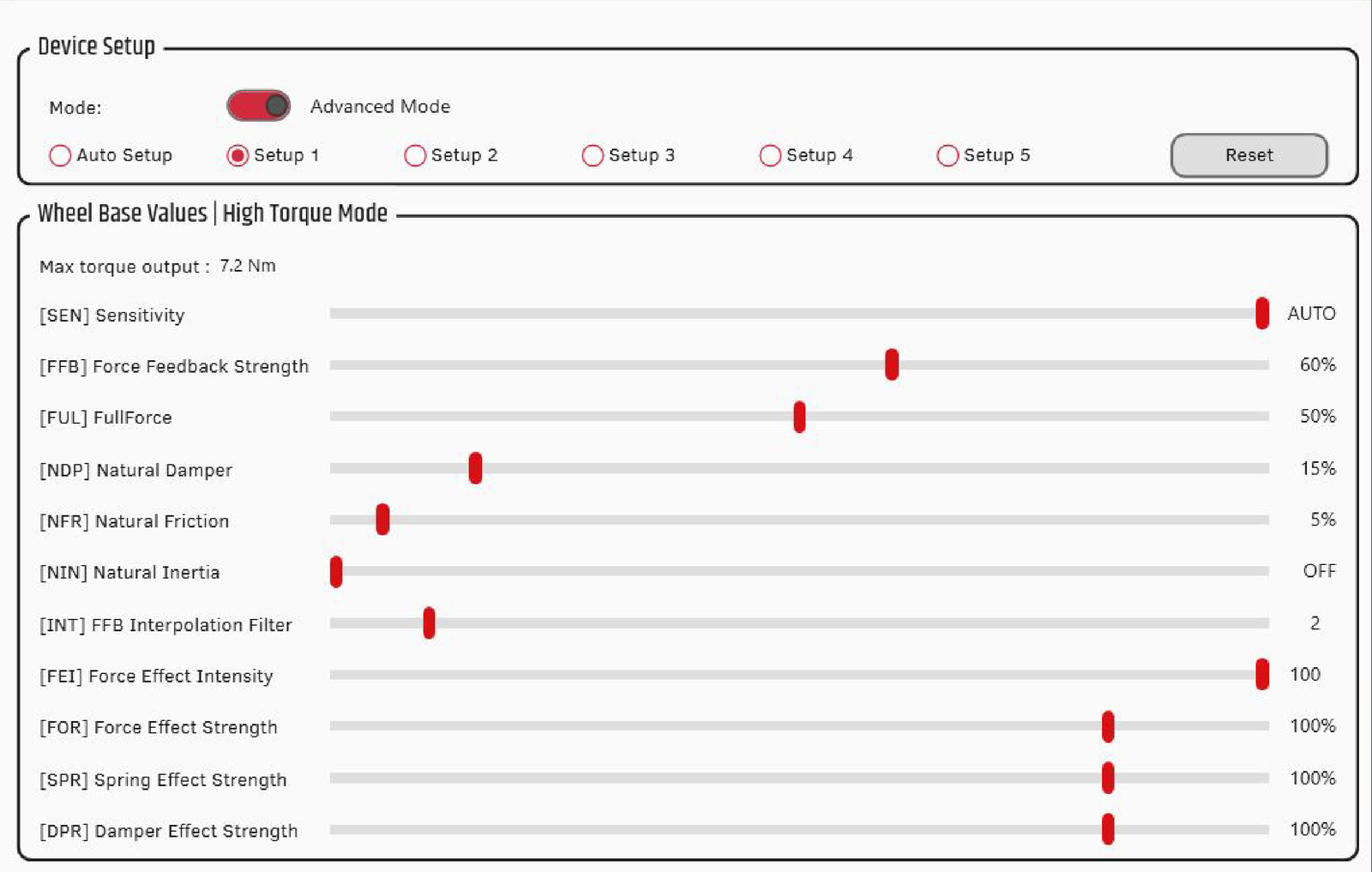 Fanatec App wheel base values from the Kunos AC EVO wheel setup guide