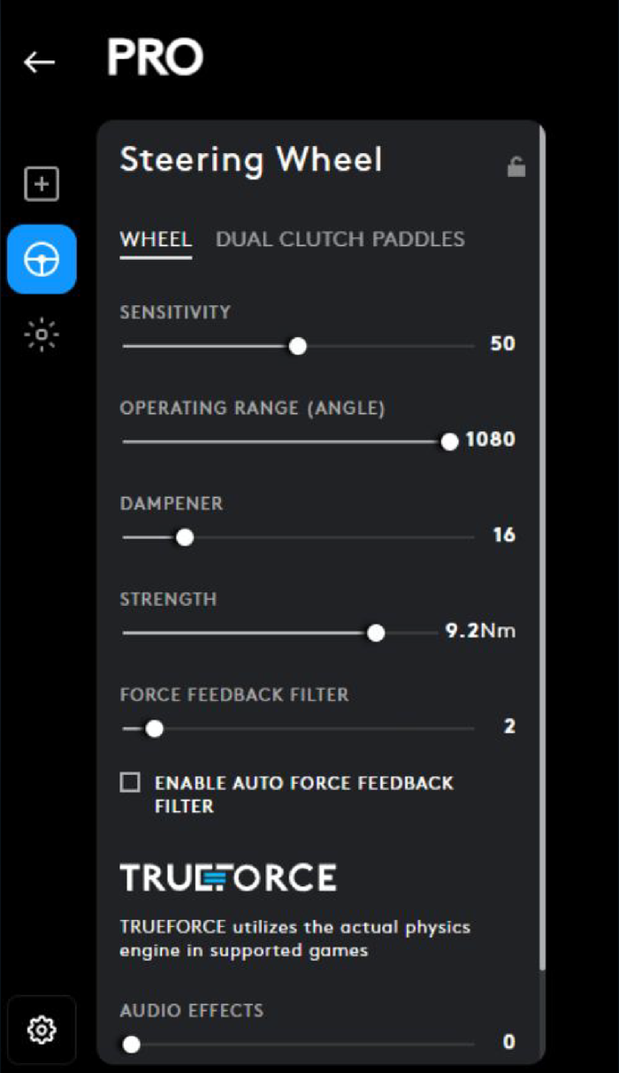 Logitech G HUB steering wheel settings for the Pro from the Kunos AC EVO wheel setup guide