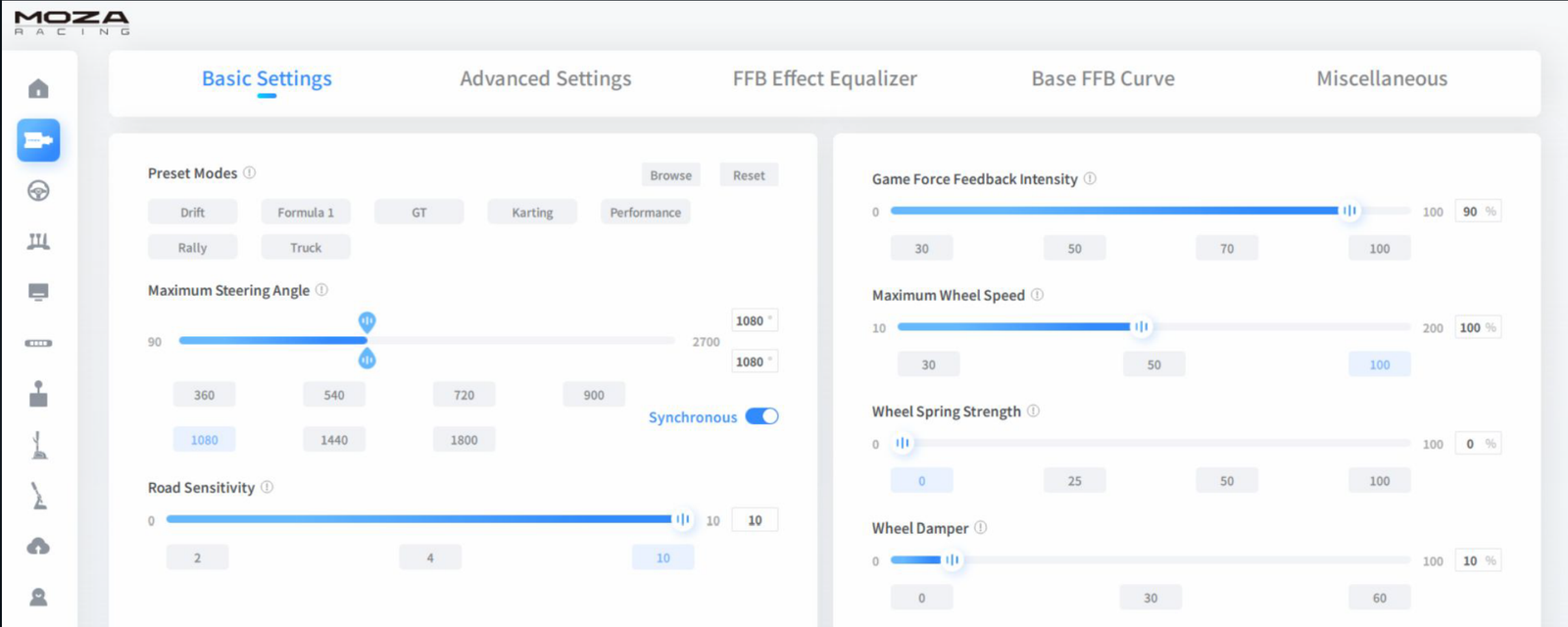 Moza Pit House basic settings from the Kunos AC EVO wheel setup guide