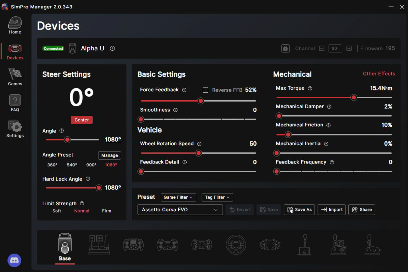 Simagic SimPro Manager with the Assetto Corsa EVO preset on an Alpha U