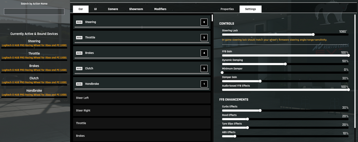 Assetto Corsa EVO controls page with the wheel force feedback and FFB Enhancements sliders