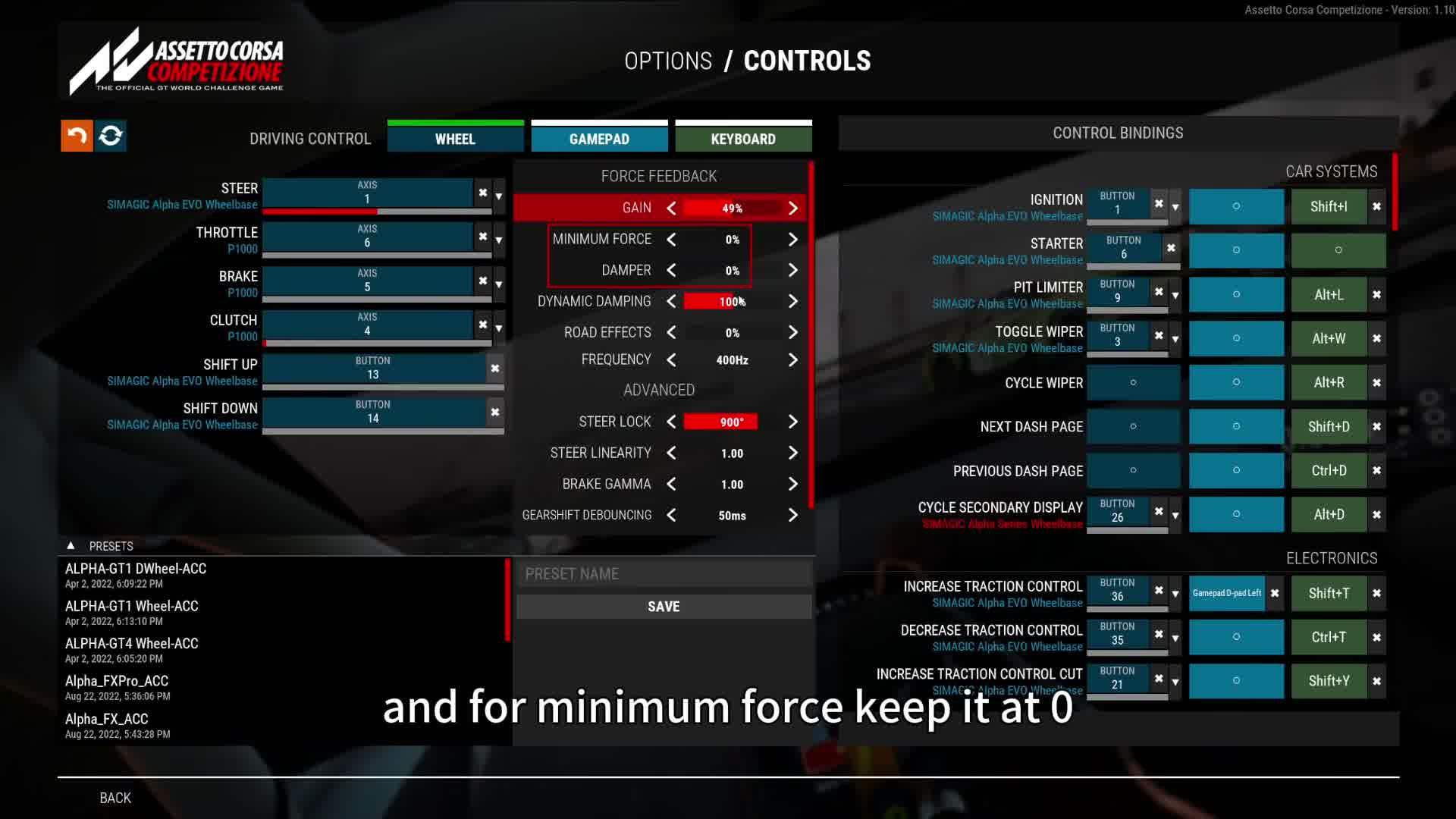 Assetto Corsa Competizione Controls screen with a Simagic Alpha EVO wheelbase and its force feedback settings