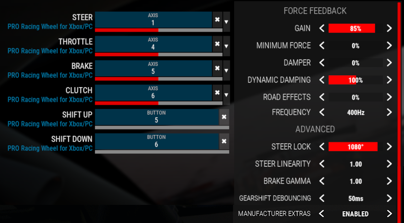 The Assetto Corsa Competizione Controls screen with the force feedback and advanced sliders