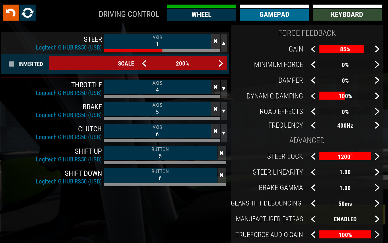 ACC force feedback settings recommended by Logitech for the RS50