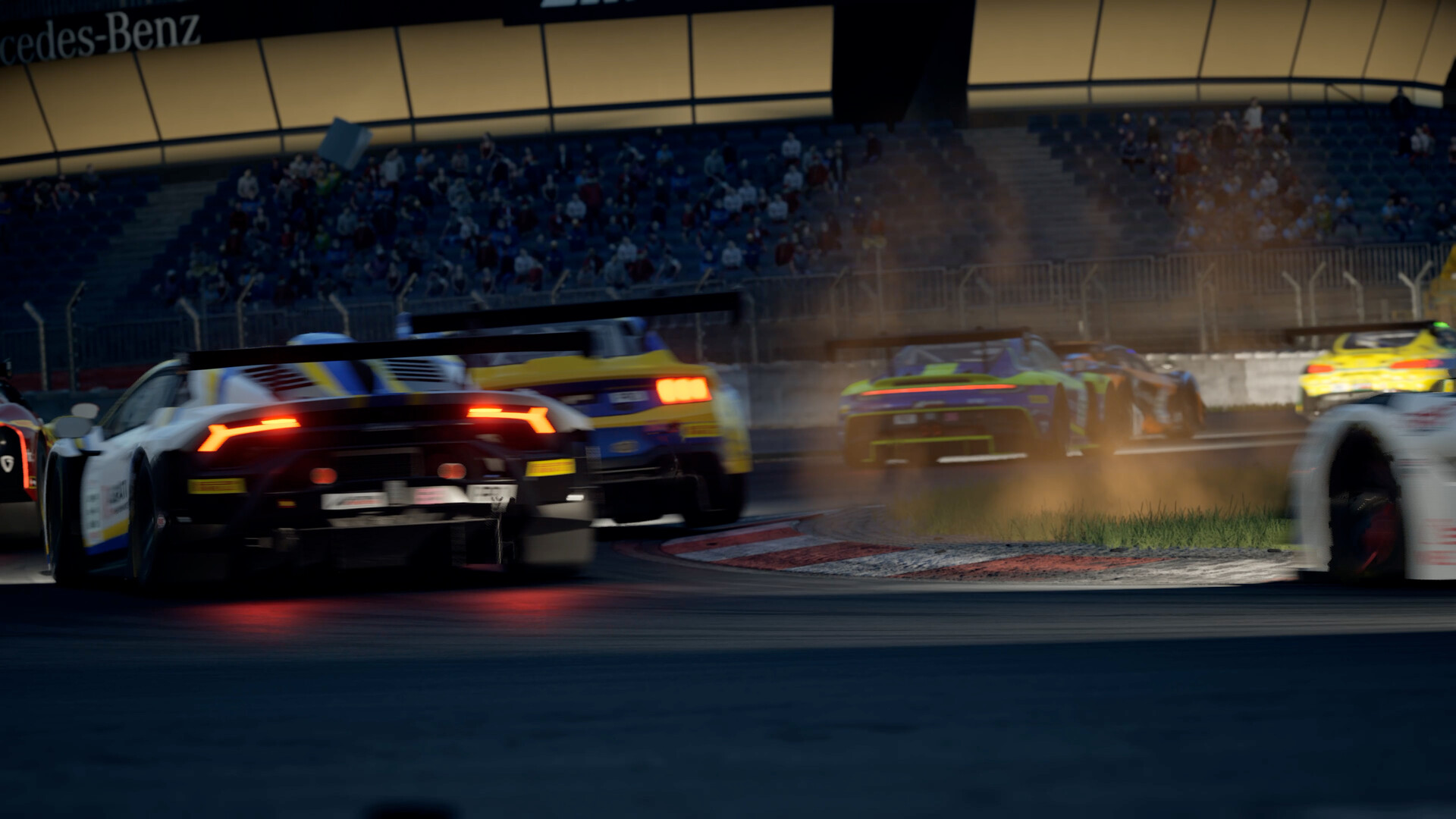GT3 cars from behind kicking up dust over a kerb in Assetto Corsa Competizione