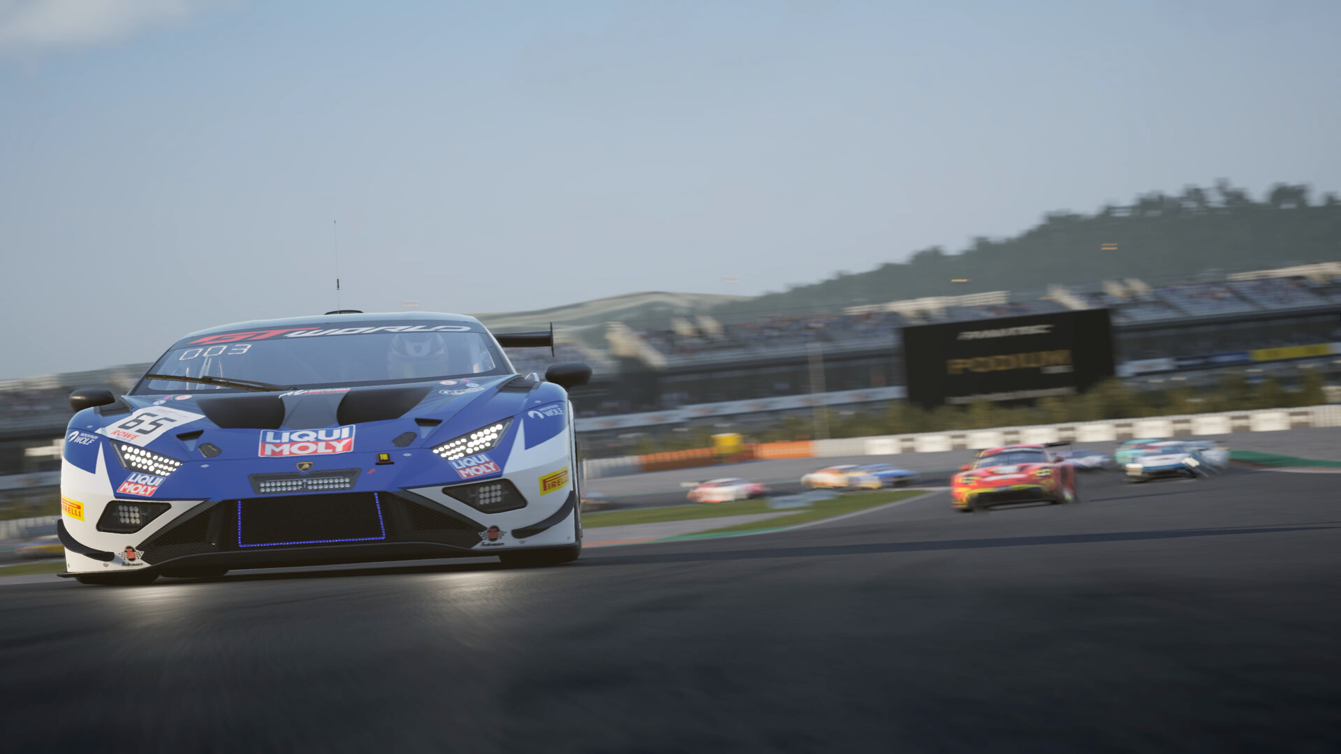 A blue Lamborghini GT3 car leading the pack in Assetto Corsa Competizione