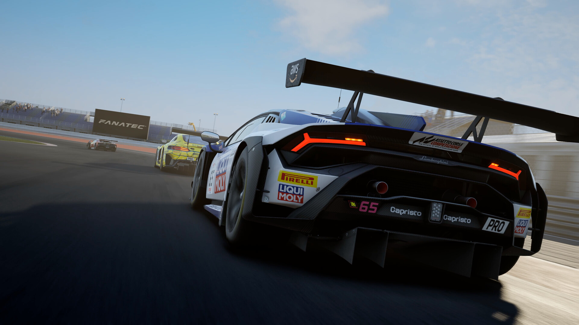 A Lamborghini GT3 car from behind on track in Assetto Corsa Competizione