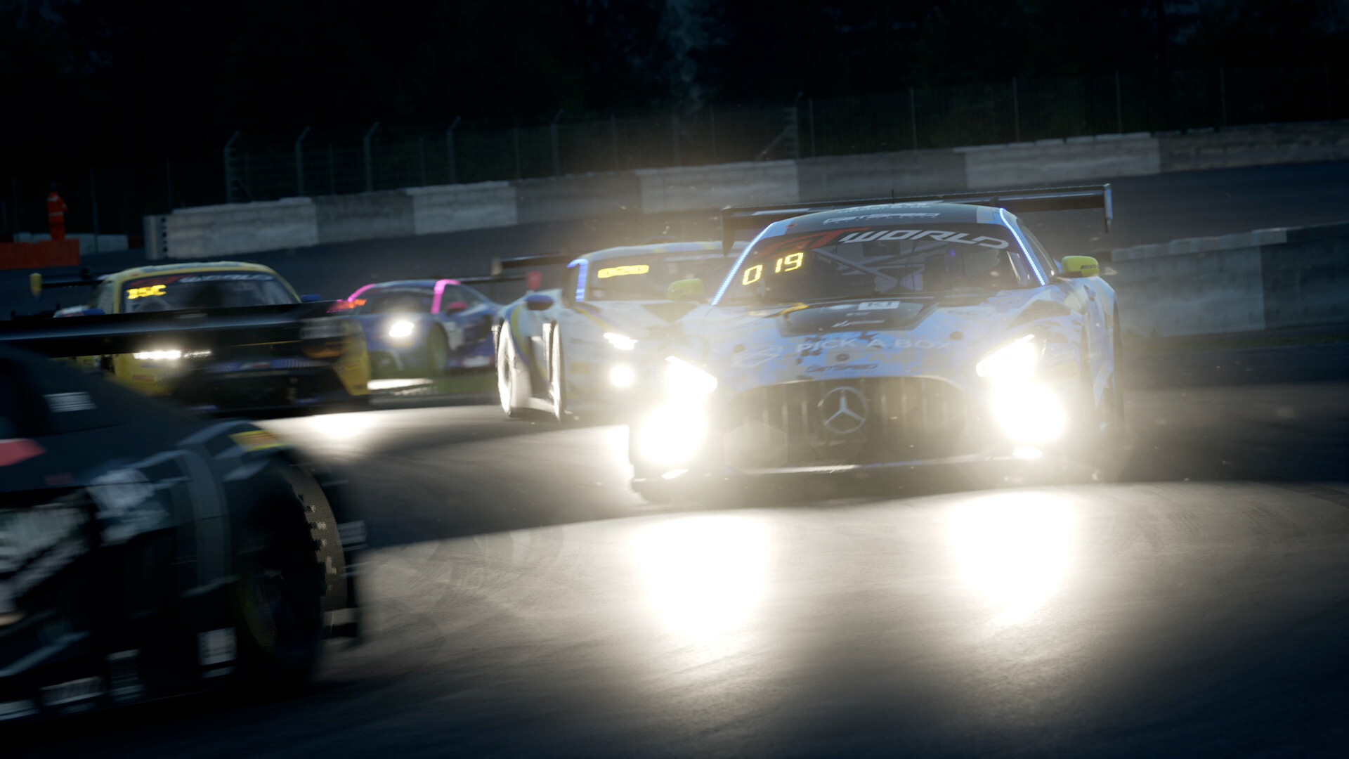 GT3 cars racing at night with headlights on in Assetto Corsa Competizione