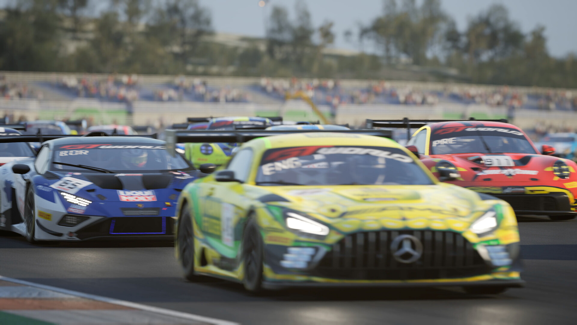 A yellow Mercedes-AMG GT3 leading a pack of GT3 cars in Assetto Corsa Competizione