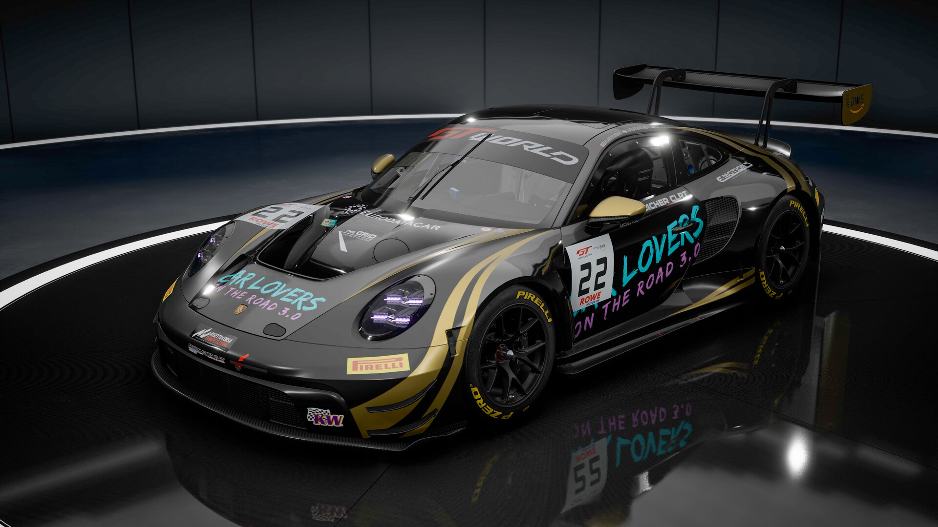 A Porsche 911 GT3 R in the Assetto Corsa Competizione showroom