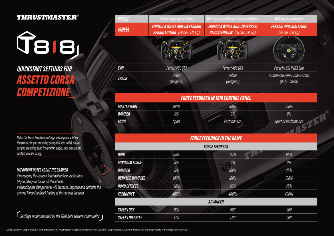 Thrustmaster T818 quickstart force feedback settings for Assetto Corsa Competizione