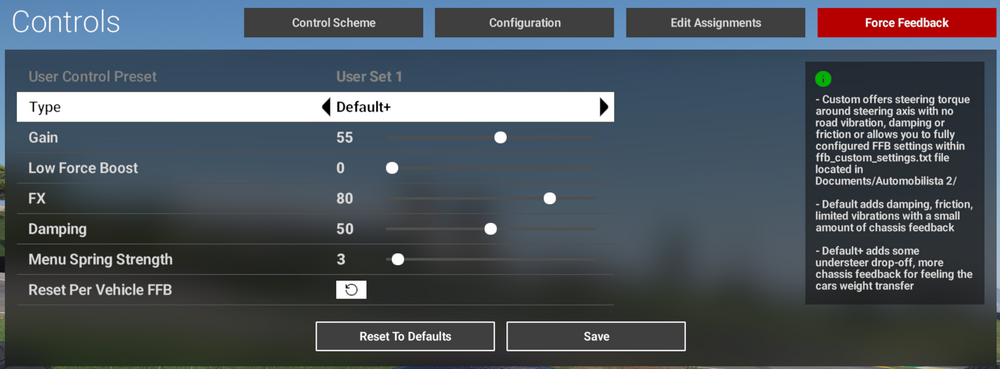 Automobilista 2 Force Feedback settings menu with Type, Gain, Low Force Boost, FX and Damping