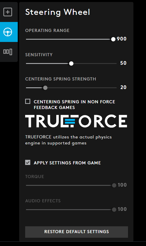 Logitech G HUB steering wheel settings for the G923 from the Reiza force feedback guide