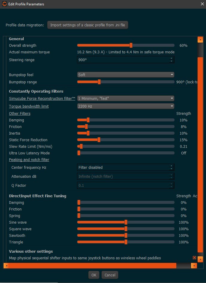 Simucube 2 Sport True Drive profile settings recommended by Reiza for Automobilista 2
