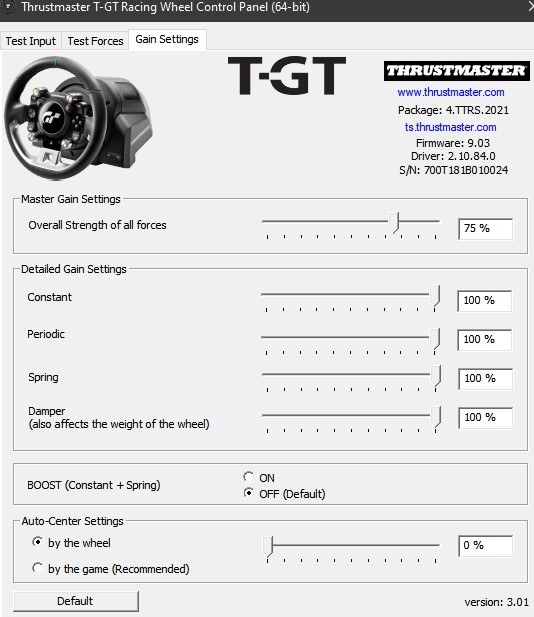 Thrustmaster T-GT control panel gain settings from the Reiza force feedback guide