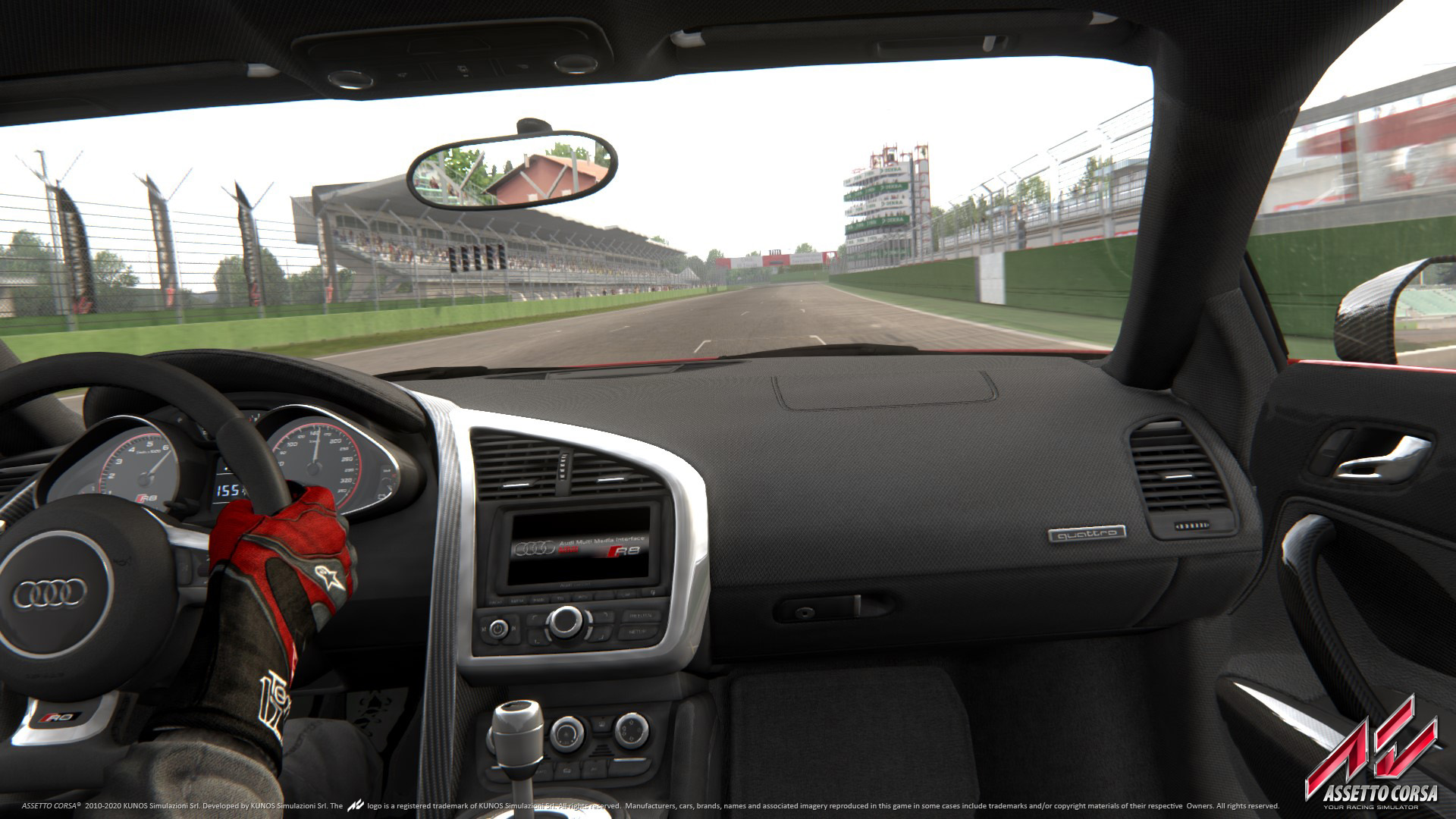 Cockpit view of an Audi R8 on the start-finish straight in Assetto Corsa