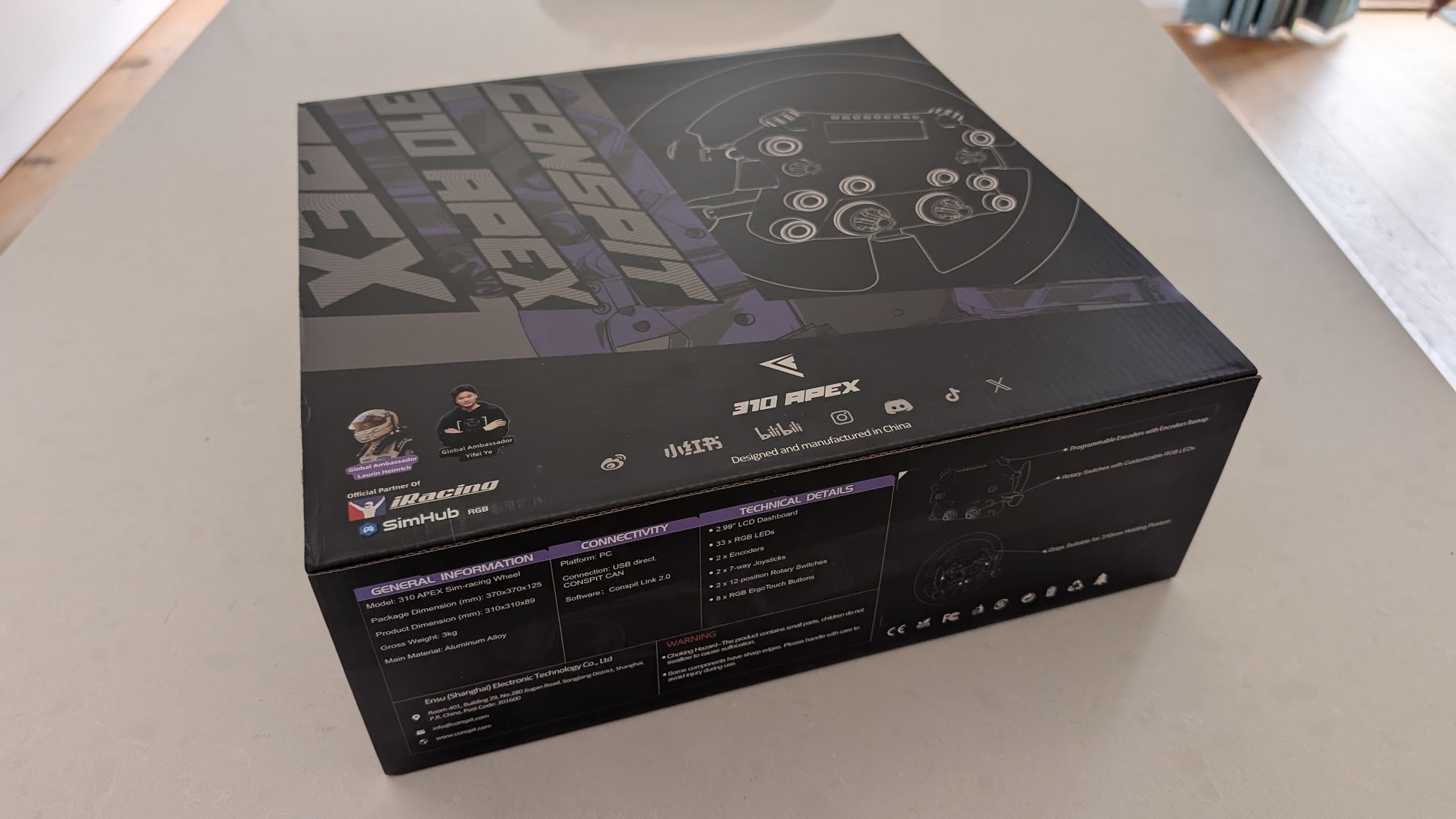 Conspit 310 APEX retail box with the spec panel printed on the side