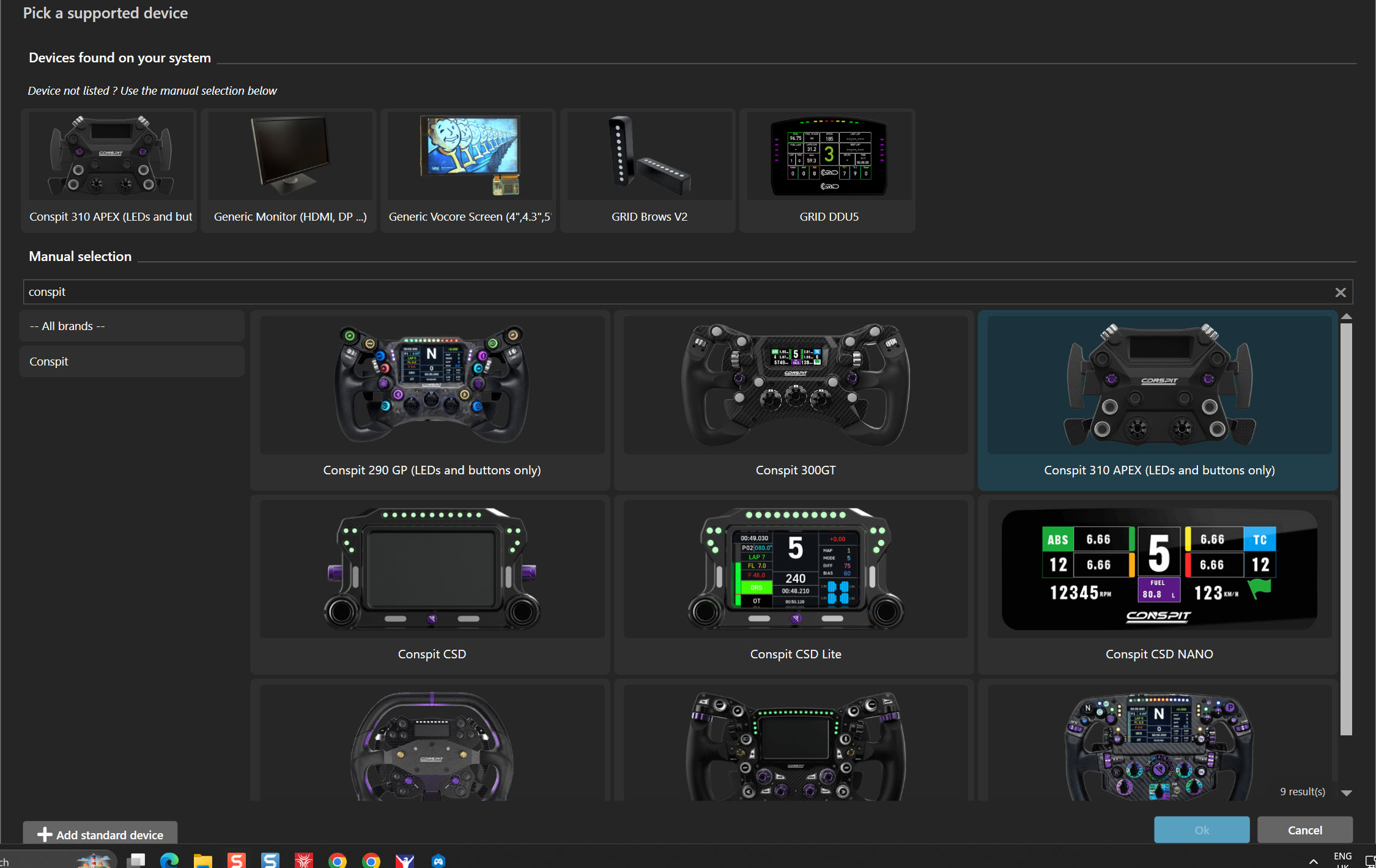 SimHub's Pick a supported device dialog listing the Conspit 310 APEX, GRID Brows V2 and GRID DDU5