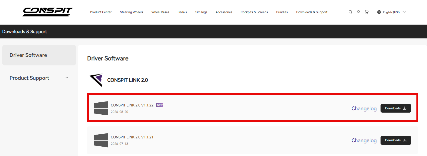 The conspit.com downloads page with CONSPIT Link 2.0 version 1.1.22 highlighted