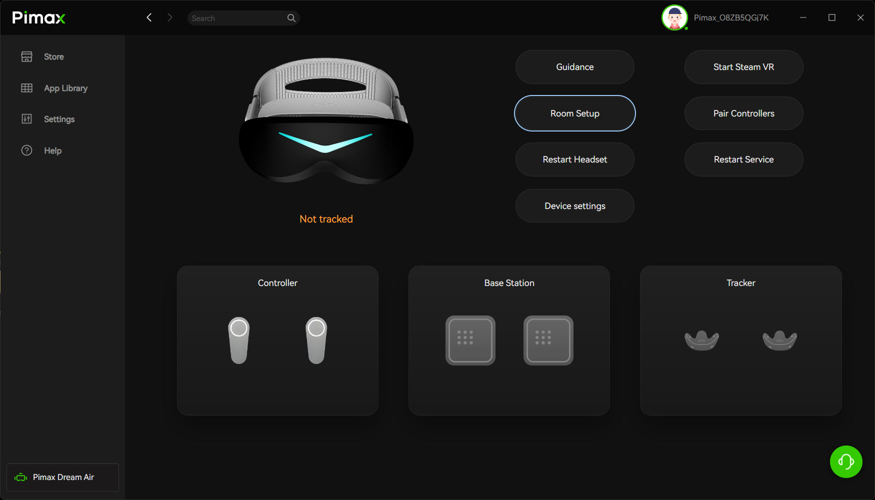 Pimax Play software screen for pairing controllers and base stations and room setup