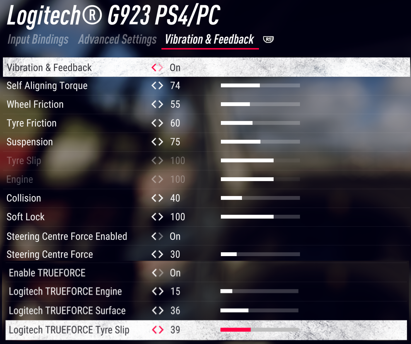 DiRT Rally 2.0 Vibration and Feedback menu with the values Logitech recommends for the PRO wheel in G923 mode
