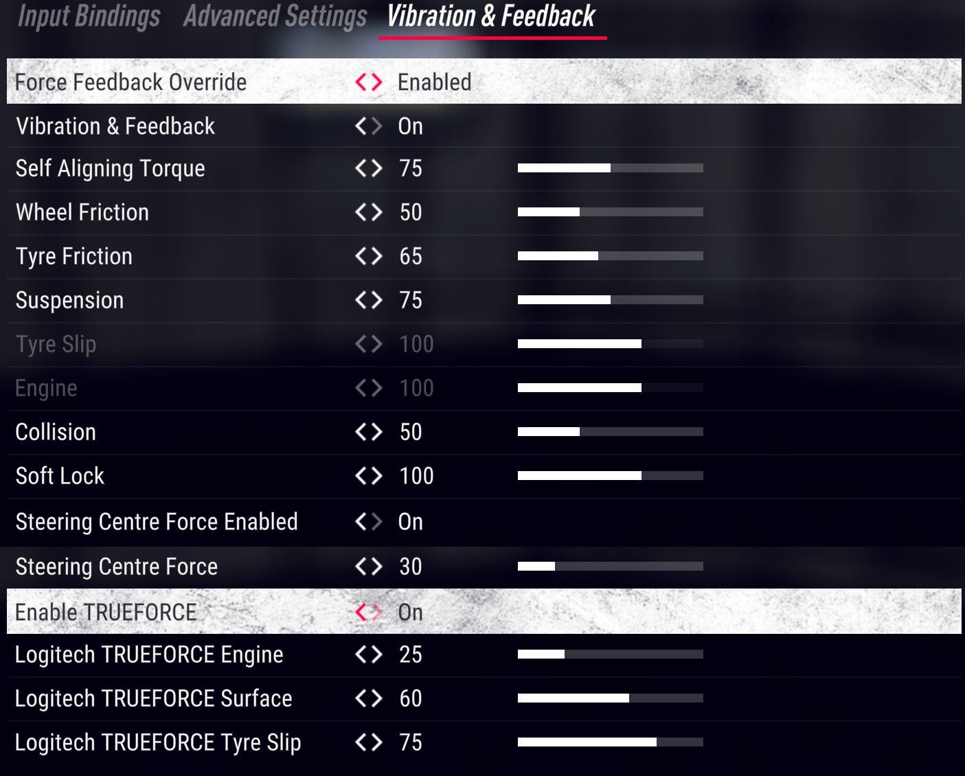 DiRT Rally 2.0 Vibration and Feedback menu with the values Logitech recommends for the RS50 on PC
