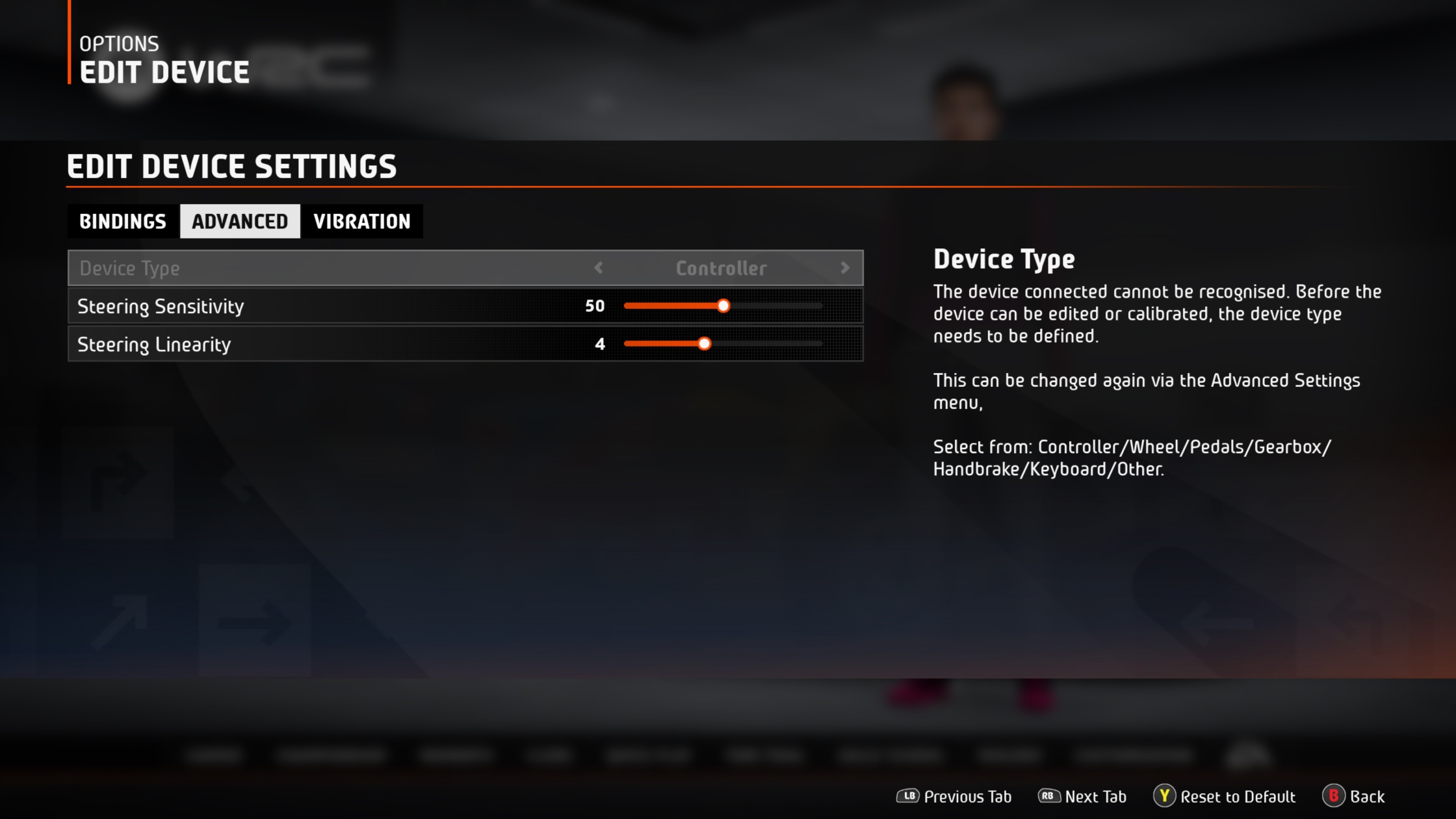 EA SPORTS WRC Edit Device Settings, Advanced tab with the Device Type option