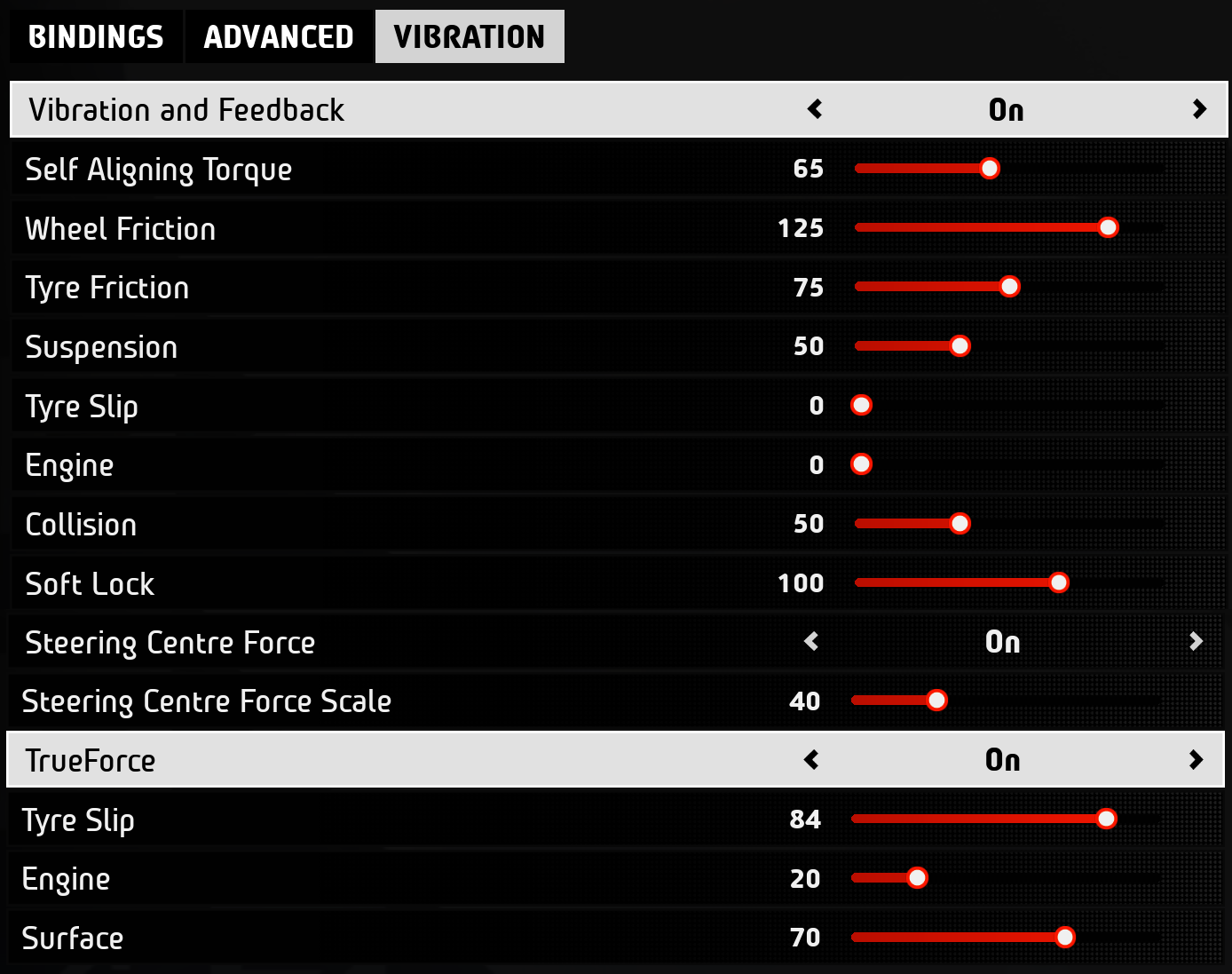EA SPORTS WRC Vibration tab with the force feedback sliders set for the Logitech RS50