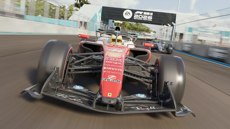A 2026 Ferrari under the F1 25 2026 Season Edition gantry