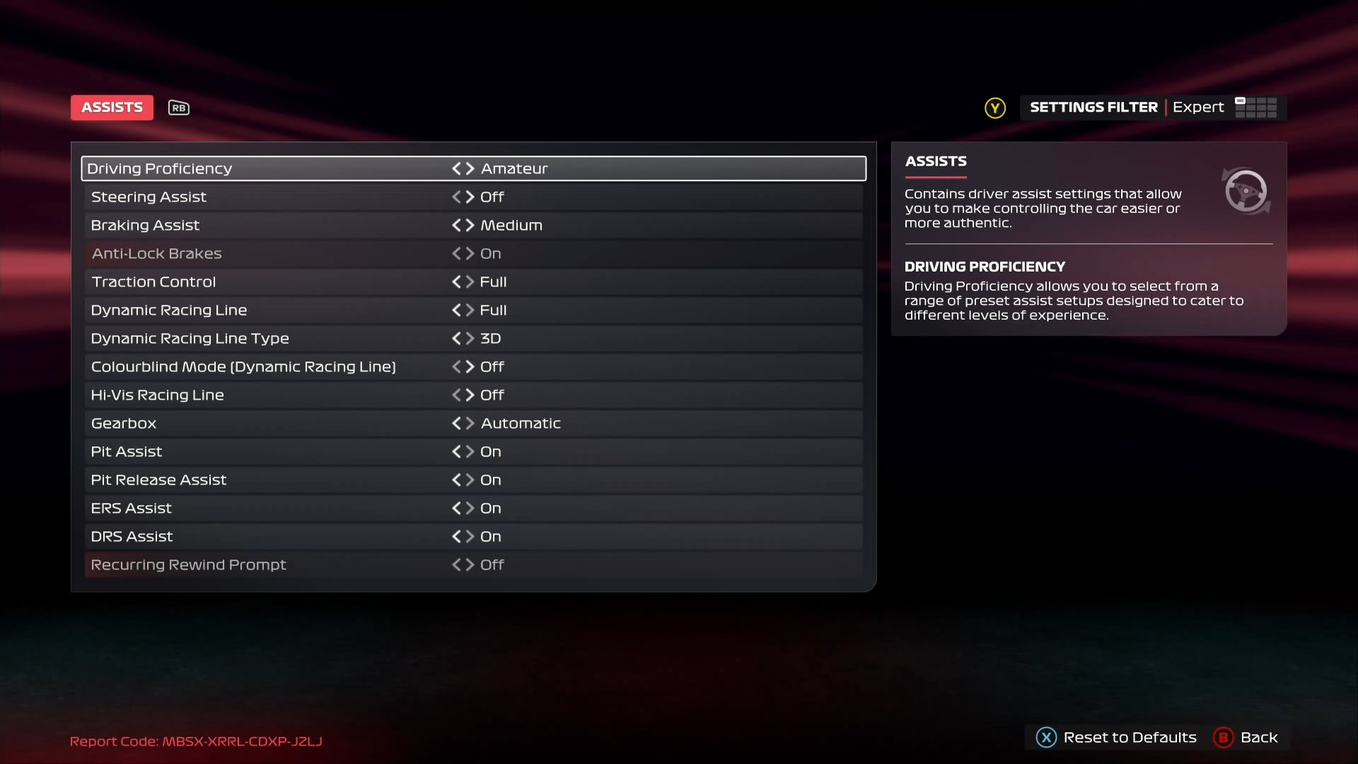 F1 25 Assists menu on the Amateur driving proficiency preset