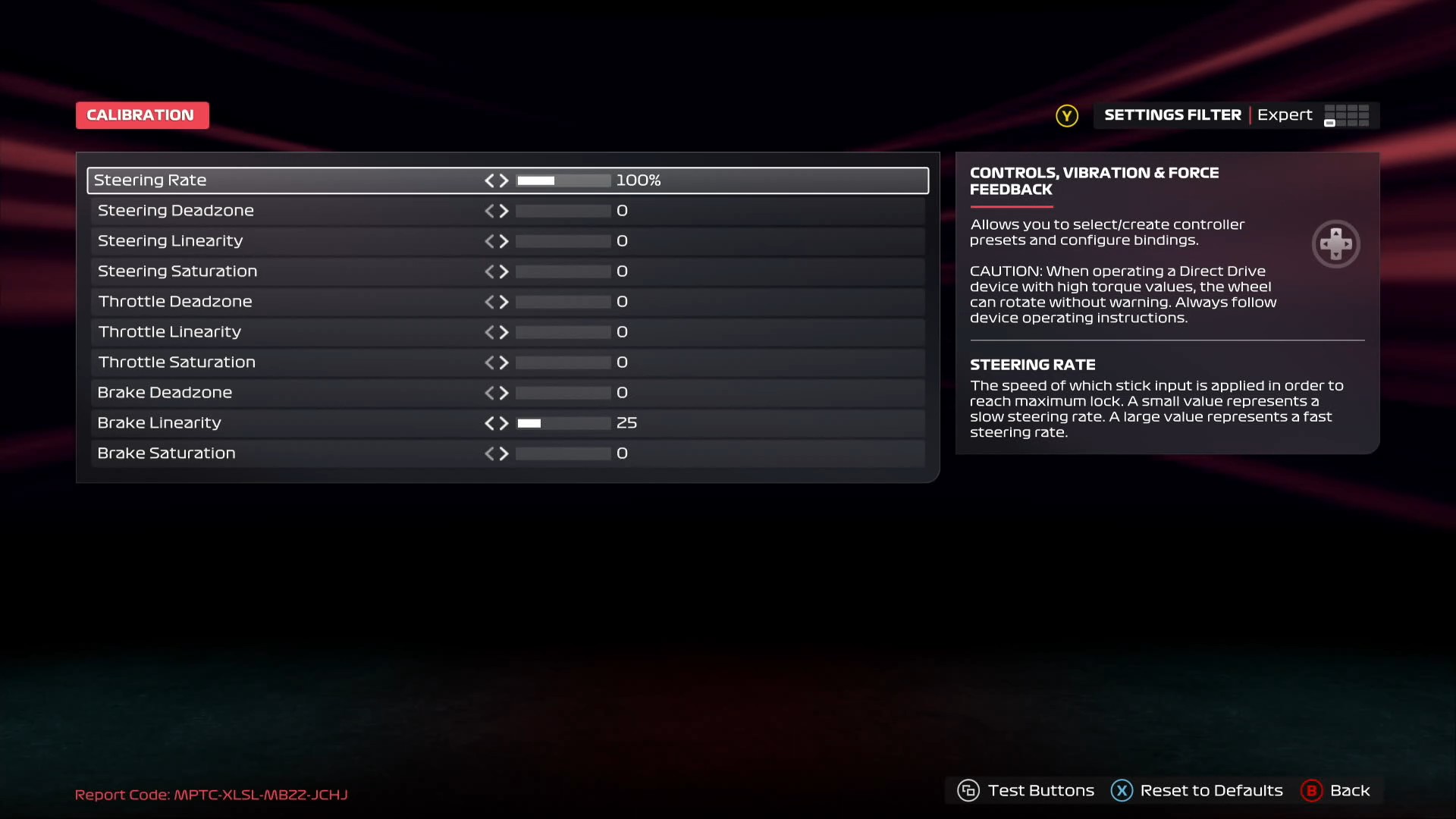 F1 25 controller Calibration menu at its default values
