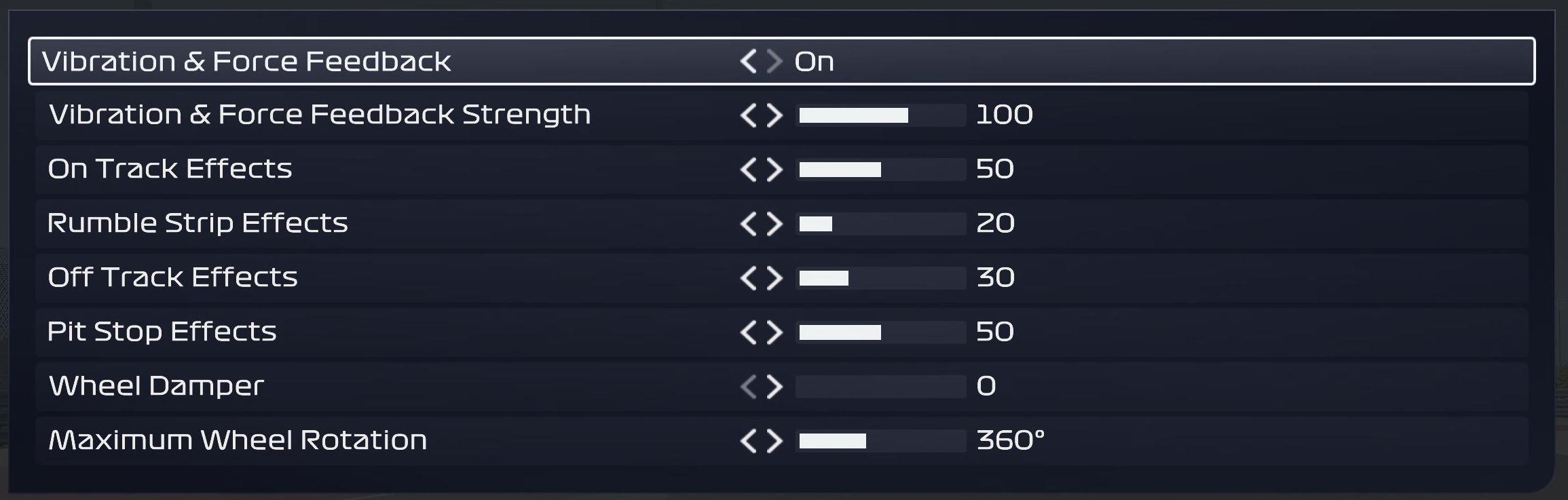 F1 25 Vibration and Force Feedback menu set for the Logitech RS50